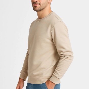 Üç İplik Düz Bisiklet Yaka SweatShirt - Bej -