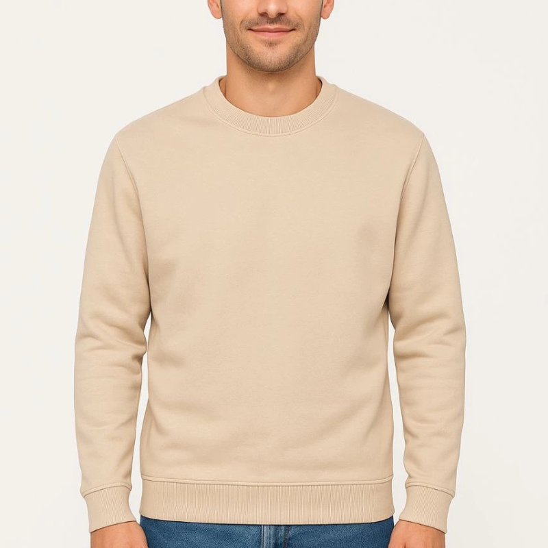 Üç İplik Düz Bisiklet Yaka SweatShirt - Bej -