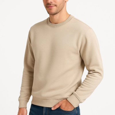 Üç İplik Düz Bisiklet Yaka SweatShirt - Bej -