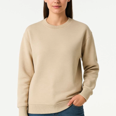 Üç İplik Düz Bisiklet Yaka SweatShirt - Bej -