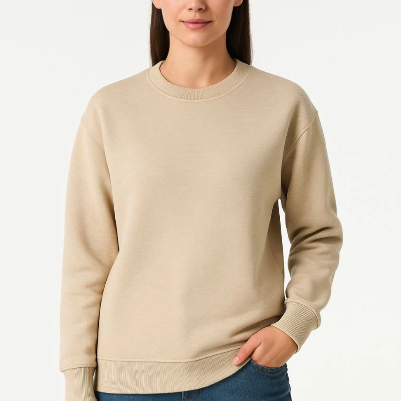 Üç İplik Düz Bisiklet Yaka SweatShirt - Bej -