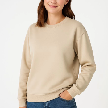 Üç İplik Düz Bisiklet Yaka SweatShirt - Bej -