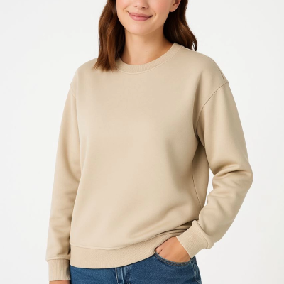 Üç İplik Düz Bisiklet Yaka SweatShirt - Bej -