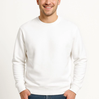 Üç İplik Düz Bisiklet Yaka SweatShirt - Beyaz -