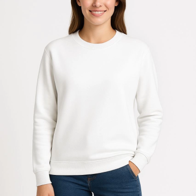 Üç İplik Düz Bisiklet Yaka SweatShirt - Beyaz -