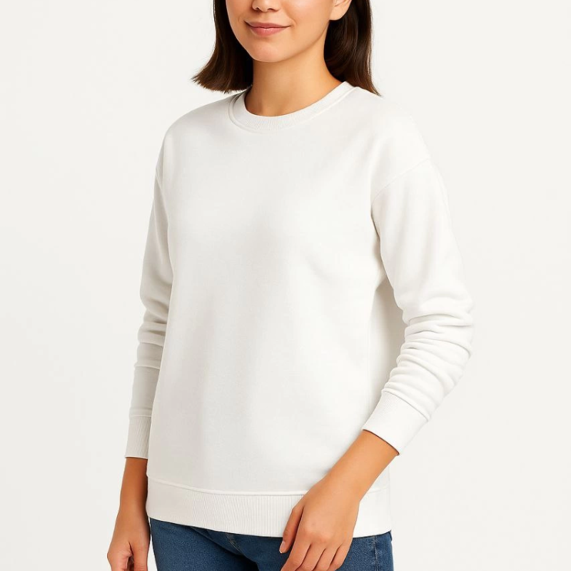 Üç İplik Düz Bisiklet Yaka SweatShirt - Beyaz -