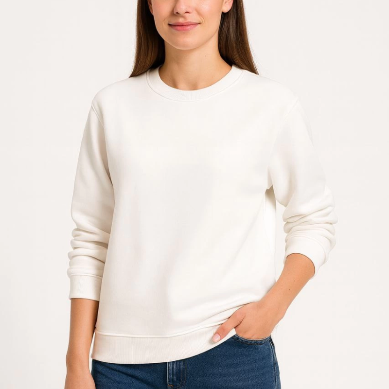 Üç İplik Düz Bisiklet Yaka SweatShirt - Beyaz -