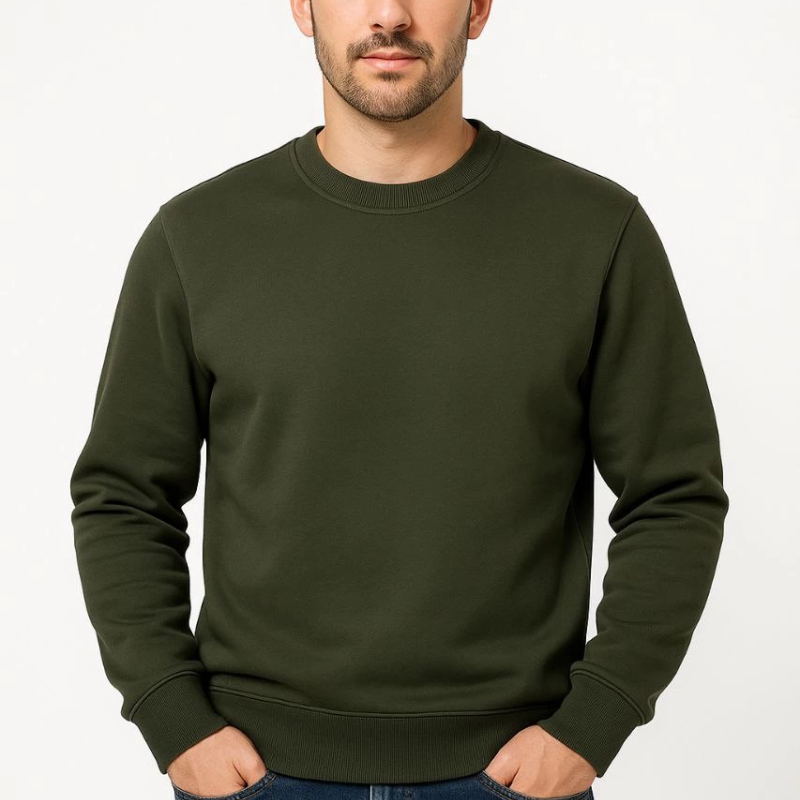 Üç İplik Düz Bisiklet Yaka SweatShirt - Haki