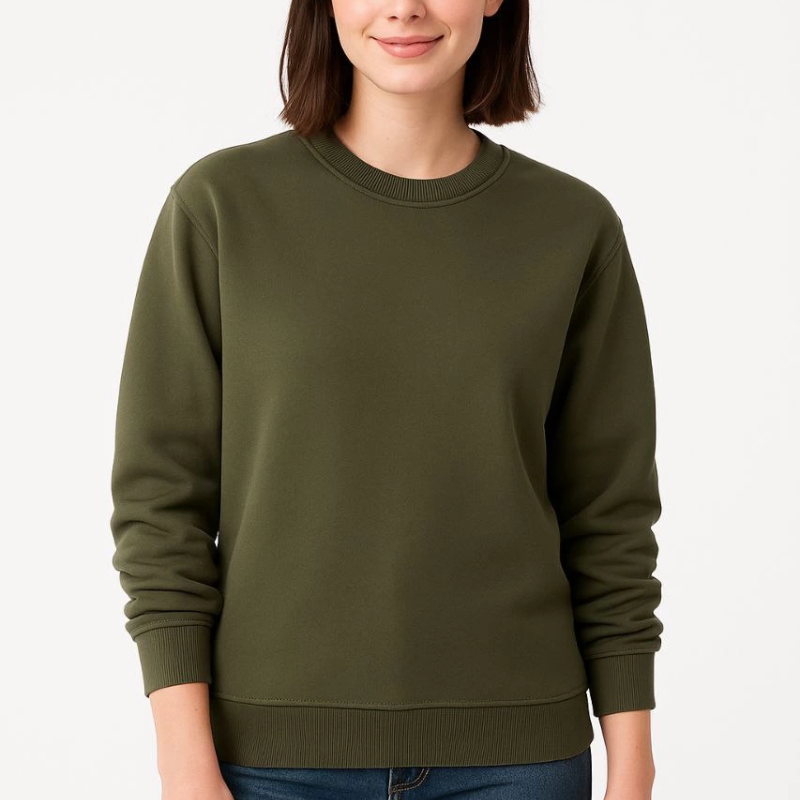 Üç İplik Düz Bisiklet Yaka SweatShirt - Haki