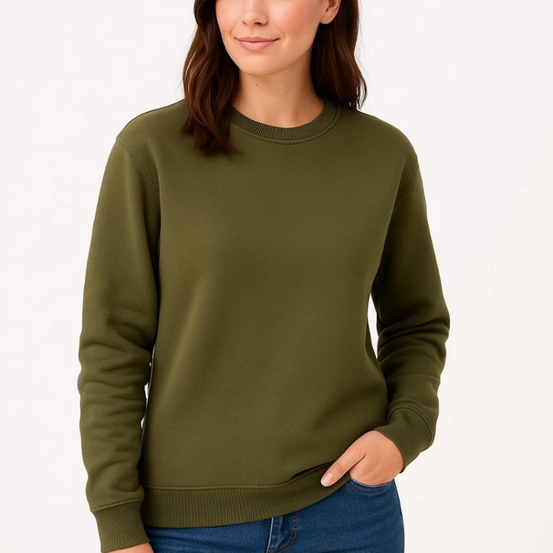 Üç İplik Düz Bisiklet Yaka SweatShirt - Haki