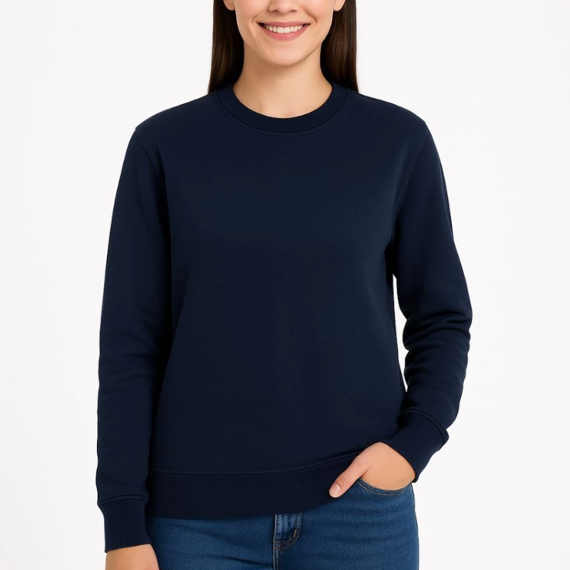 Üç İplik Düz Bisiklet Yaka SweatShirt - Lacivert