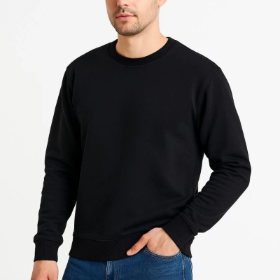 Üç İplik Düz Bisiklet Yaka SweatShirt - Siyah -