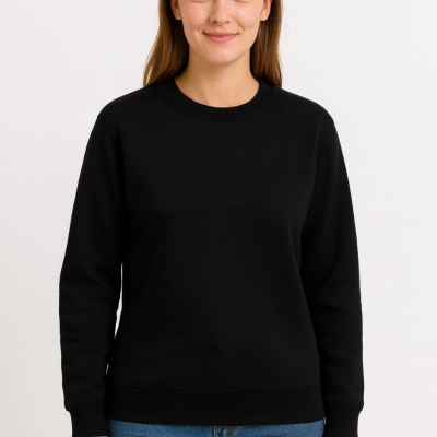 Üç İplik Düz Bisiklet Yaka SweatShirt - Siyah -