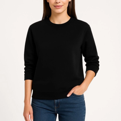 Üç İplik Düz Bisiklet Yaka SweatShirt - Siyah -