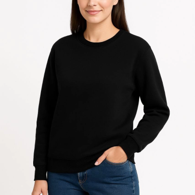 Üç İplik Düz Bisiklet Yaka SweatShirt - Siyah -