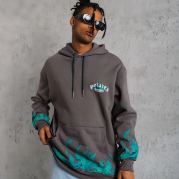 Üç İplik İçi Pamuklu Alev Baskılı Kapüşonlu Sweatshirt - Gri