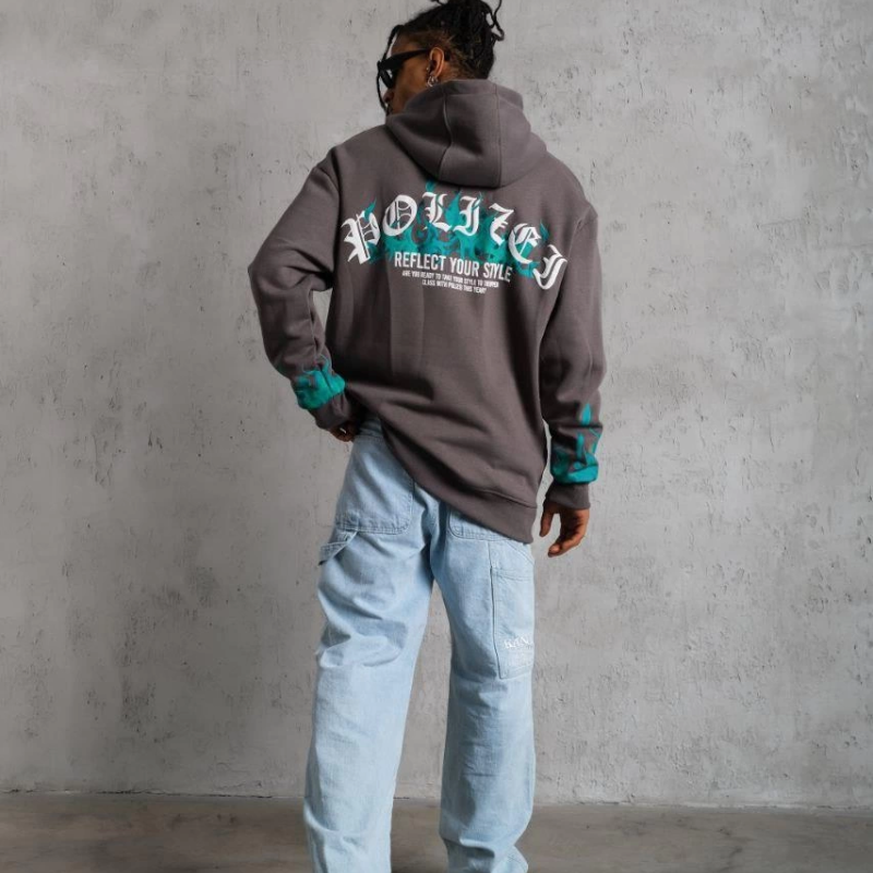 Üç İplik İçi Pamuklu Alev Baskılı Kapüşonlu Sweatshirt - Gri