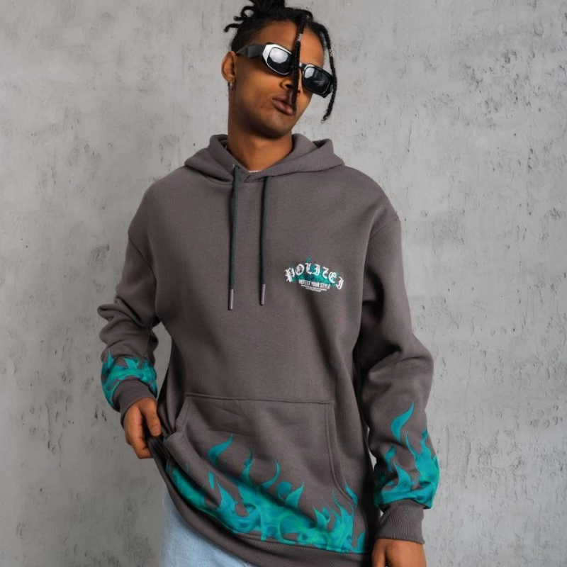 Üç İplik İçi Pamuklu Alev Baskılı Kapüşonlu Sweatshirt - Gri