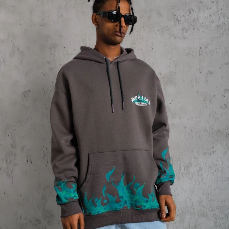 Üç İplik İçi Pamuklu Alev Baskılı Kapüşonlu Sweatshirt - Gri