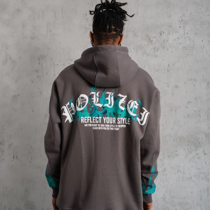 Üç İplik İçi Pamuklu Alev Baskılı Kapüşonlu Sweatshirt - Gri