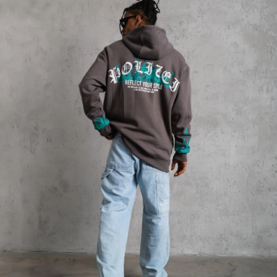 Üç İplik İçi Pamuklu Alev Baskılı Kapüşonlu Sweatshirt - Gri