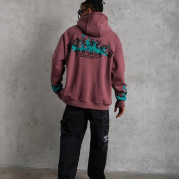 Üç İplik içi Pamuklu Alev Baskılı Kapüşonlu Sweatshirt - Gül Kurusu