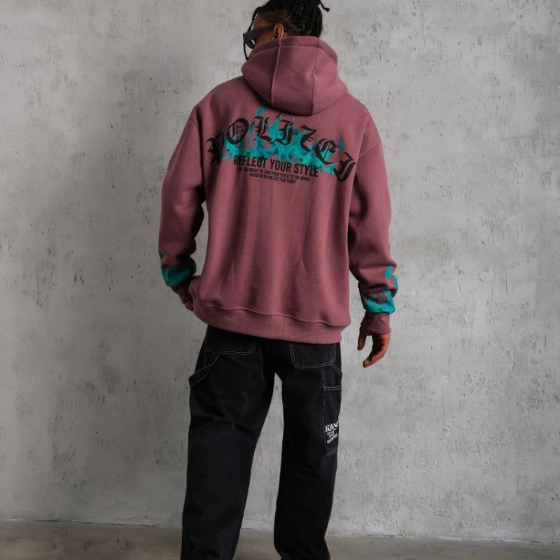 Üç İplik içi Pamuklu Alev Baskılı Kapüşonlu Sweatshirt - Gül Kurusu