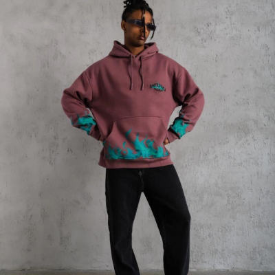 Üç İplik içi Pamuklu Alev Baskılı Kapüşonlu Sweatshirt - Gül Kurusu