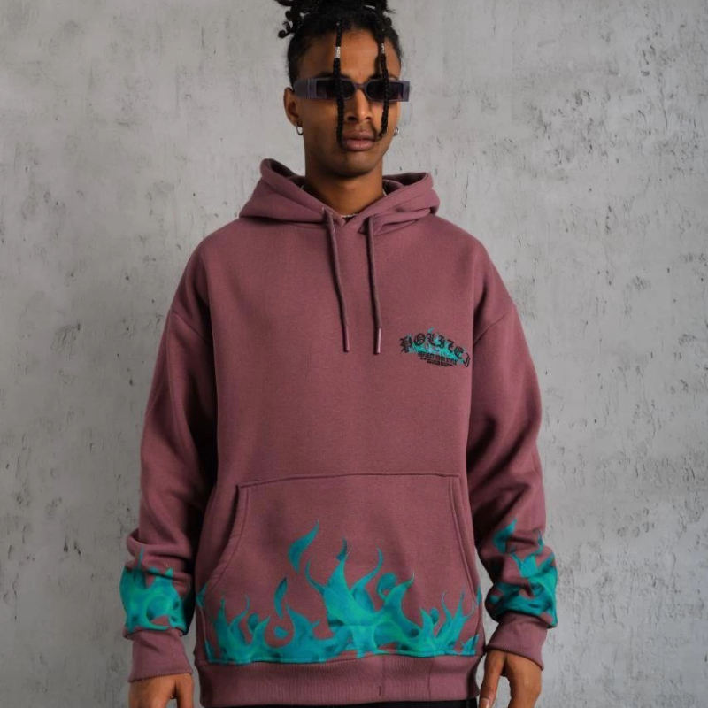 Üç İplik içi Pamuklu Alev Baskılı Kapüşonlu Sweatshirt - Gül Kurusu