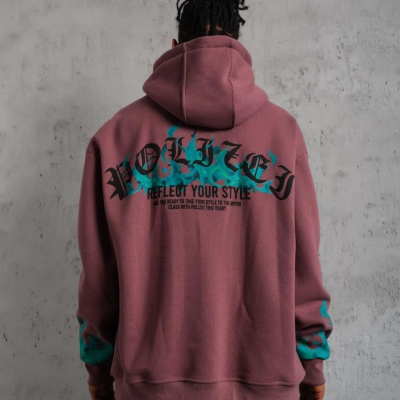 Üç İplik içi Pamuklu Alev Baskılı Kapüşonlu Sweatshirt - Gül Kurusu