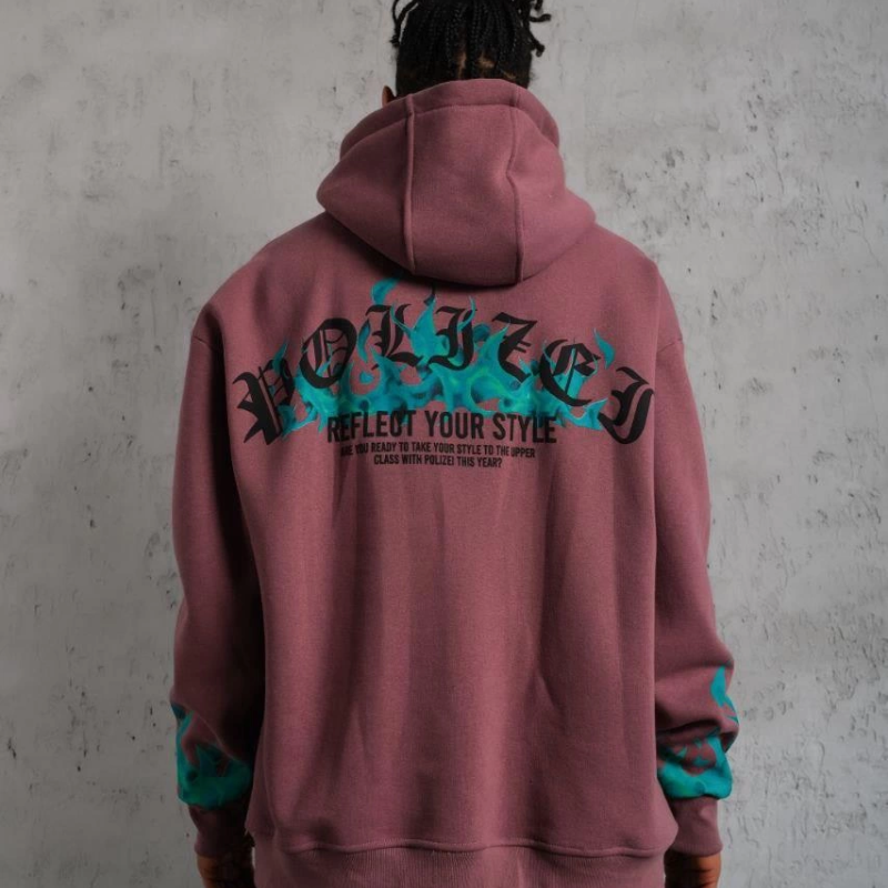 Üç İplik içi Pamuklu Alev Baskılı Kapüşonlu Sweatshirt - Gül Kurusu