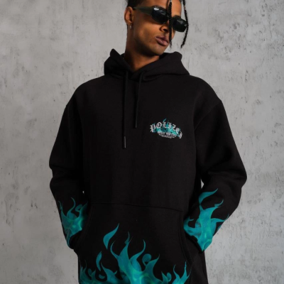 Üç İplik İçi Pamuklu Alev Baskılı Kapüşonlu Sweatshirt - Siyah