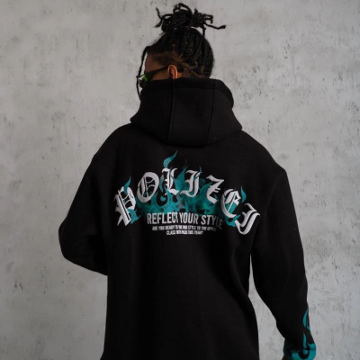 Üç İplik İçi Pamuklu Alev Baskılı Kapüşonlu Sweatshirt - Siyah