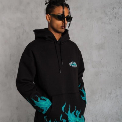 Üç İplik İçi Pamuklu Alev Baskılı Kapüşonlu Sweatshirt - Siyah