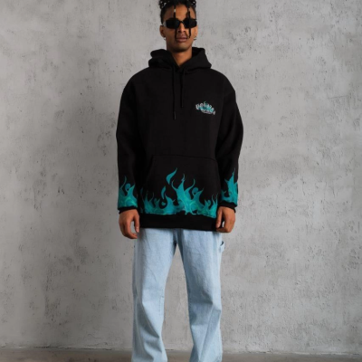 Üç İplik İçi Pamuklu Alev Baskılı Kapüşonlu Sweatshirt - Siyah