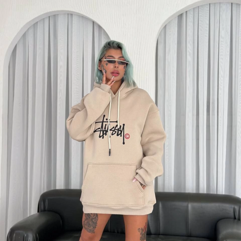 Üç İplik Kapşonlu Baskılı SweatShirt - Bej