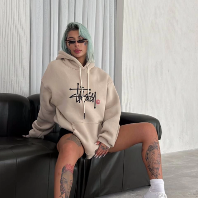 Üç İplik Kapşonlu Baskılı SweatShirt - Bej