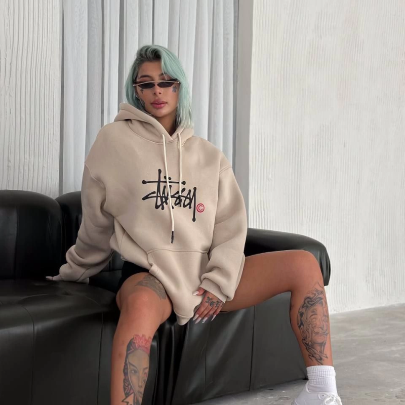 Üç İplik Kapşonlu Baskılı SweatShirt - Bej