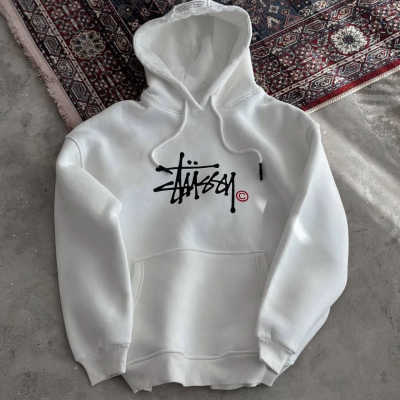 Üç İplik Kapşonlu Baskılı SweatShirt - Beyaz -