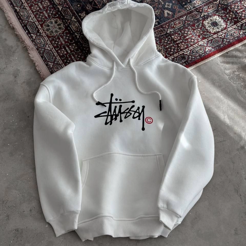 Üç İplik Kapşonlu Baskılı SweatShirt - Beyaz -