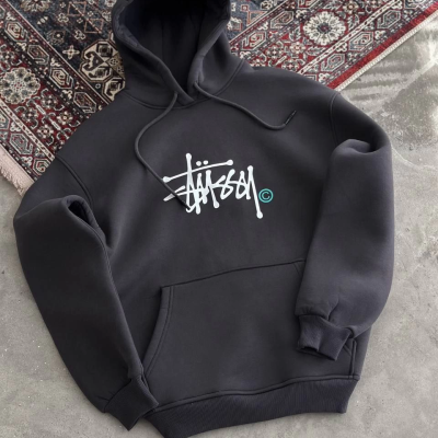 Üç İplik Kapşonlu Baskılı SweatShirt - Füme -