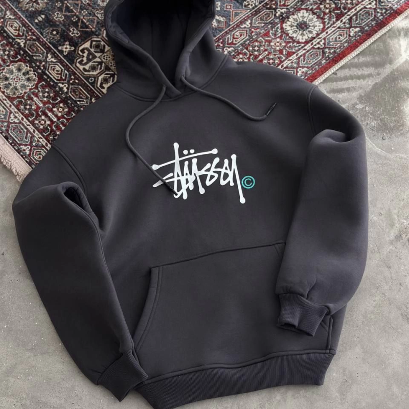 Üç İplik Kapşonlu Baskılı SweatShirt - Füme -