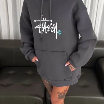 Üç İplik Kapşonlu Baskılı SweatShirt - Füme -