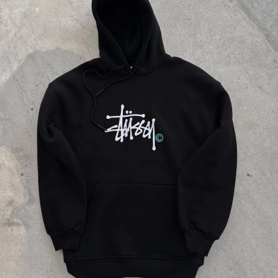 Üç İplik Kapşonlu Baskılı SweatShirt - Siyah -