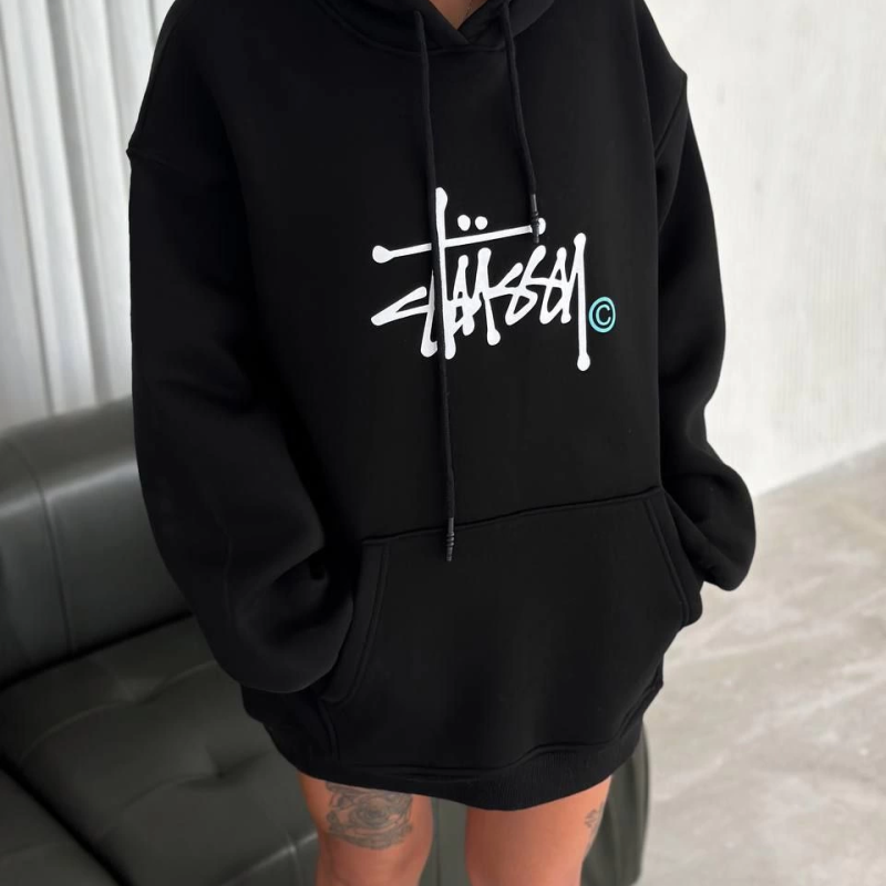 Üç İplik Kapşonlu Baskılı SweatShirt - Siyah -