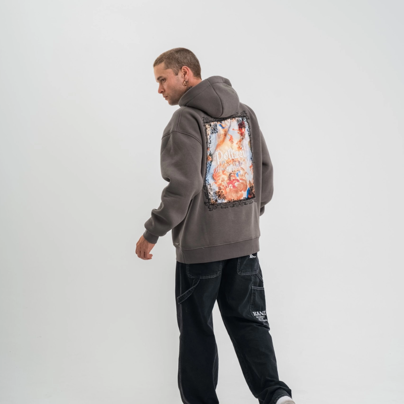 Üç İplik Kapşonlu Dijital Patchli SweatShirt - Füme -