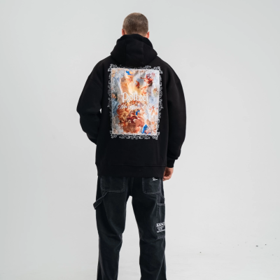 Üç İplik Kapşonlu Dijital Patchli SweatShirt - Siyah -