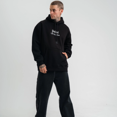 Üç İplik Kapşonlu Dijital Patchli SweatShirt - Siyah -