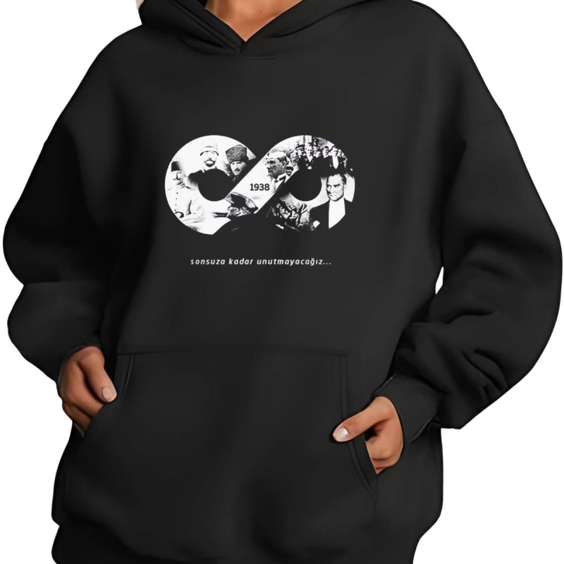 Üç İplik kapüşonlu 10 Kasıma Özel SweatShirt - Siyah -