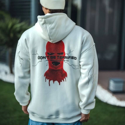 Üç İplik Kapüşonlu Baskılı Oversize SweatShirt- Beyaz